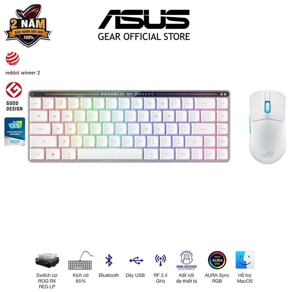 Combo Bàn Phím Cơ Gaming ASUS ROG FALCHION RX LOW PROFILE và Chuột game FPS không dây ASUS ROG Harpe Ace Aim Lab Edition