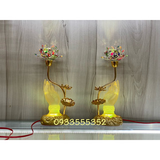 Cặp đèn bàn tay Phật dâng hoa, đèn hoa sen pha lê thân lưu ly cao cấp