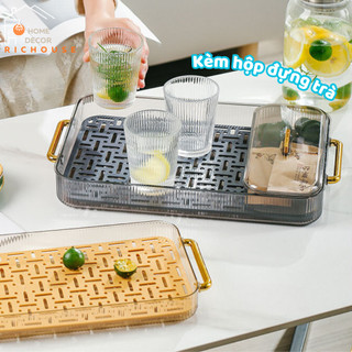 Khay úp ly cốc, Khay trà 2 lớp thoát nước có tay cầm mạ vàng sang trọng, chất liệu nhựa Acryllic