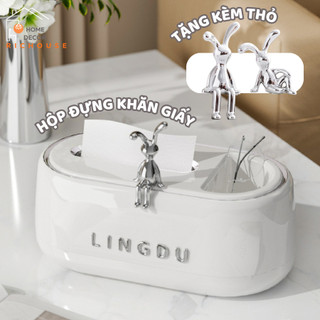 Hộp Đựng Khăn Giấy 2 Ngăn Thỏ Bạc LINGDU, Hộp Giấy Để Bàn Có Ngăn Đựng Đồ Phong Cách Hàn Quốc