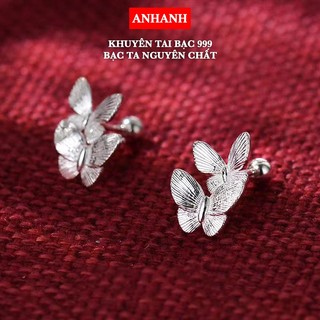  Bông tai - Khuyên tai hình đôi bướm bạc ta 999 nguyên chất sáng bóng - K9-02