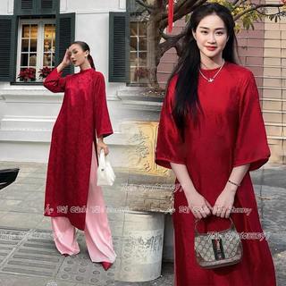 Set áo dài dáng suông xưa cách tân nữ gấm đỏ đô cổ tròn may sẵn áo dài trung niên sang trọng
