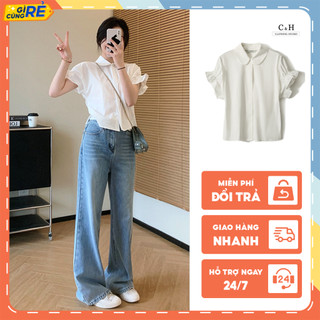 Áo sơ mi trắng Cộc tay cách điệu phối tay bèo mặc đi làm đi học C&H Clothing