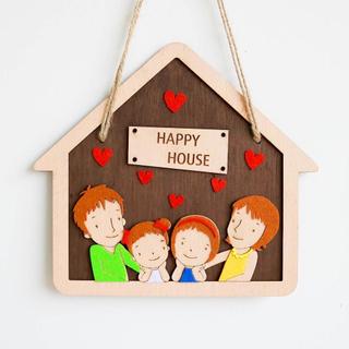 Bảng gỗ 3D gia đình 4 người ba mẹ 2 con gái chữ gia đình hạnh phúc có dây treo