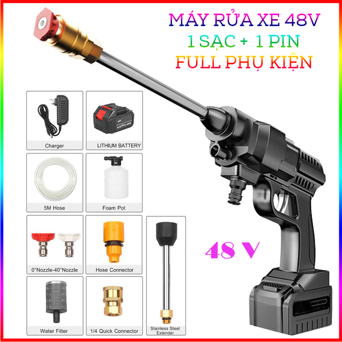 Máy Xịt Rửa Xe Máy, Ô Tô , tưới cây Cầm Tay dùng pin 48VF-kèm phụ kiện