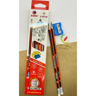 Hộp 12 cây bút chì gỗ chuốt sowi sw1002 2b / viết chì chuốt sowi 2b 1 đầu viết 1 đầu chuốt