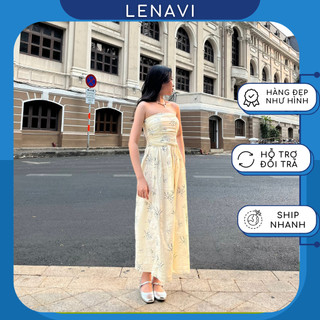 Đầm hoa cúp ngực bo chun co giãn sau lưng, váy dáng dài tôn eo, vải xô hoa dày dặn, 2 màu: đỏ - nude, Lenavi Fashion