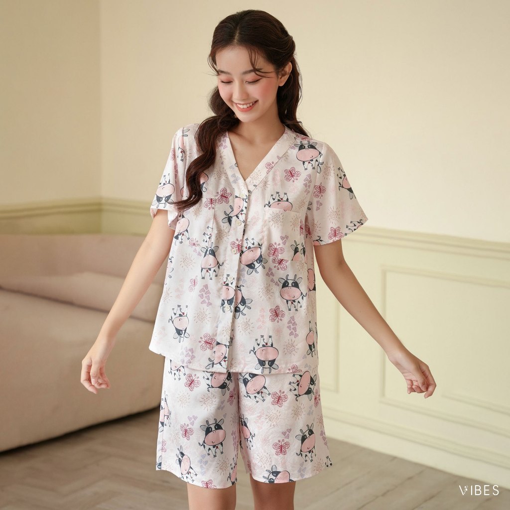 VIBES Đồ bộ Pijama ngắn lụa gấm Little Cow Py Set