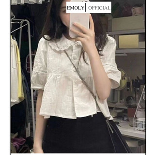 Áo babydoll, Áo sơ mi dáng lửng cổ bẻ phối bèo ren tay phồng xinh xắn