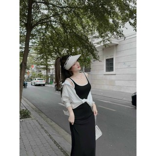 Đầm body 2 dây nữ bản to dáng dài đuôi cá kèm áo khoác sơ mi trắng nhẹ nhàng xinh đẹp