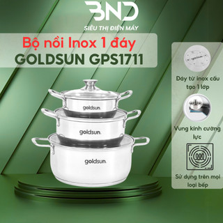 Bộ nồi inox Goldsun GPS1711 - Bộ 3 nồi inox 430 size 16,18,22cm vung nồi kính cường lực chịu nhiệt sử dụng mọi loại bếp