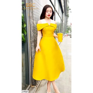 VÁY THIẾT KẾ DVC - V4551 - Váy xòe vàng cổ V trắng khoét vai -  DỰ TIỆC, CÔNG SỞ, DẠO PHỐ
