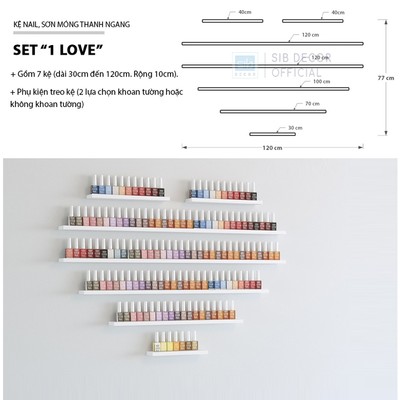 [Không cần khoan] Set Kệ Nail, Sơn Móng Thanh Ngang Treo Tường Spa, Tiệm Nail SIB Decor