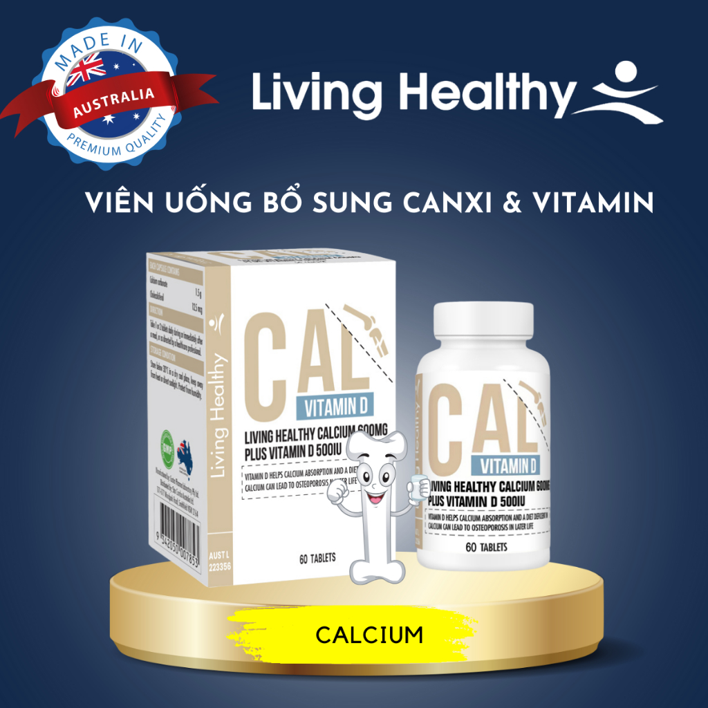 Viên uống bổ sung canxi Living Healthy Calcium 600mg Plus Vitamin D 500IU, Hộp 60 viên