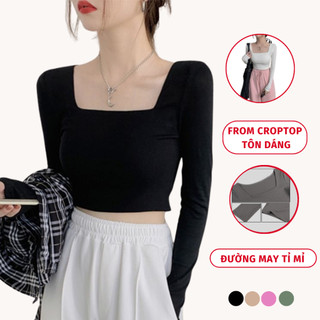 Áo Croptop Tay Dài Cổ Vuông Madela Chất Thun Mềm Mịn, Áo Thun Cổ Vuông Nữ Croprop Dài Tay