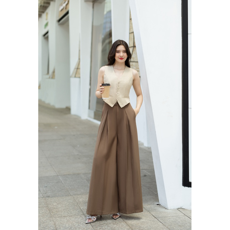 HALEY Áo gile croptop chiết eo nút bọc cao cấp
