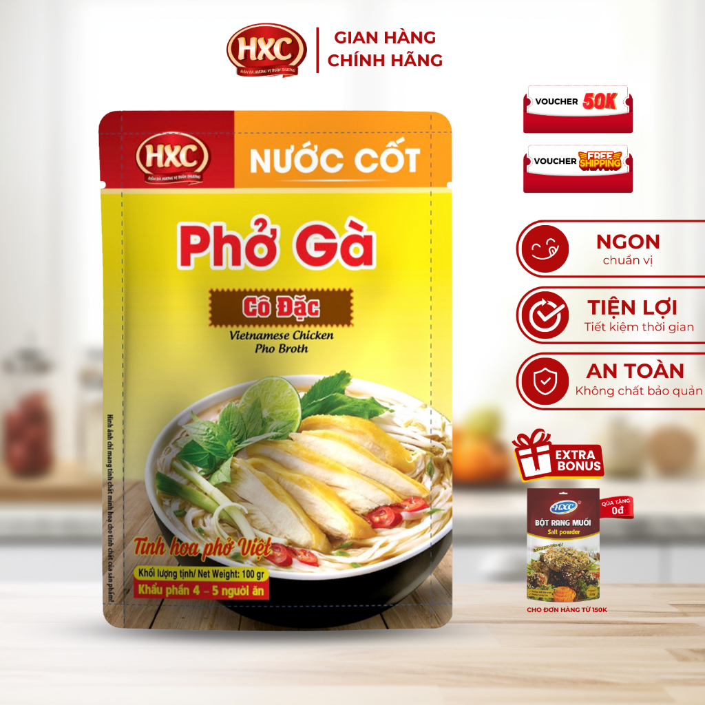 Nước cốt phở gà HXC gói 100gr, cô đặc theo công thức đặc biệt kết hợp cùng 11 gia vị thảo mộc, chuẩn