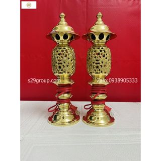 Đôi đèn điện thờ cúng gia tiên bằng đồng Vĩnh tiến cao 28cm hình quả dứa ,hàng loại 1 cao cấp