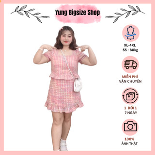 Set đầm nữ Bigsize áo kèm chân váy chữ A kẻ sọc hồng hotrend 55-90kg Yung bigsize