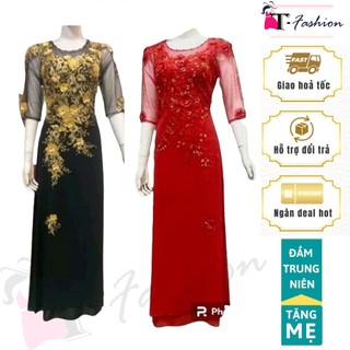 Áo dài nữ tằm ý bà sui cho mẹ, Đầm dạ hội trung niên dự tiệc dáng áo dài sang trọng vải tằm ý SP183TF - trangfashion