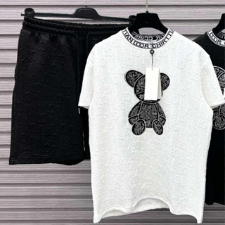 Hot Bộ Quần áo Cộc In Hình Gấu Chất Liệu Xốp In Vân Nổi Bo Cổ Chữ Đẹp Trend, Bộ Cộc Nam Nữ Hè 2 màu Đen trắng Dễ phối