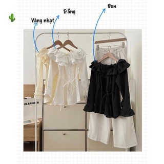 Áo Kiểu Trể Vai Phối Bèo Thắt Nơ Eo Tiểu Thư