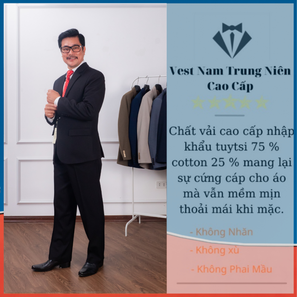 Com Lê Thương Hiệu Hồng Ngọc Cao Cấp, Bộ Vest Nam Trung Tuổi Chất Liệu Nhập Khẩu, Vét Trung Niên 2 Khuy 3 Lớp