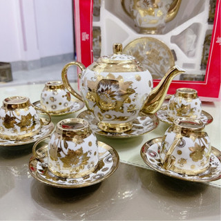 Bộ ấm chén uống trà hoàng gia, bộ ấm pha trà họa tiết nhũ vàng tinh tế gốm sứ cao cấp phong cách Bắc Âu sang trọng