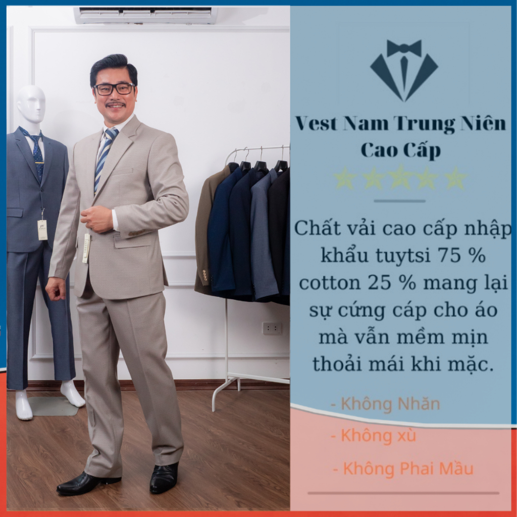 Vest Trung Niên 2 Khuy Cao Cấp, Bộ Com Lê Trung Tuổi Hồng Ngọc Chất Liệu Vải Nhập Khẩu