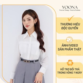 Áo thiết kế cổ bẻ tay dài may phối cách điệu chất lụa chéo Hàn YOONA - NH4S163