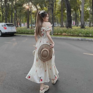 Đầm lụa hoa tiểu thư trễ vai siêu xinh MTB