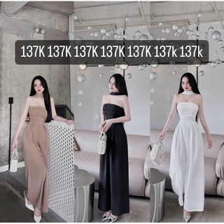 Jum quần ống rộng cúp ngực đính nút xếp ly