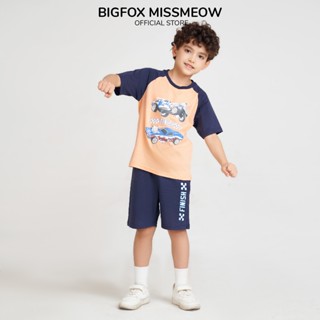 Bộ đồ hè cho bé trai Bigfox Miss Meow cộc tay vải cotton in ô tô size đại trẻ em 3-11 tuổi 25kg 40kg