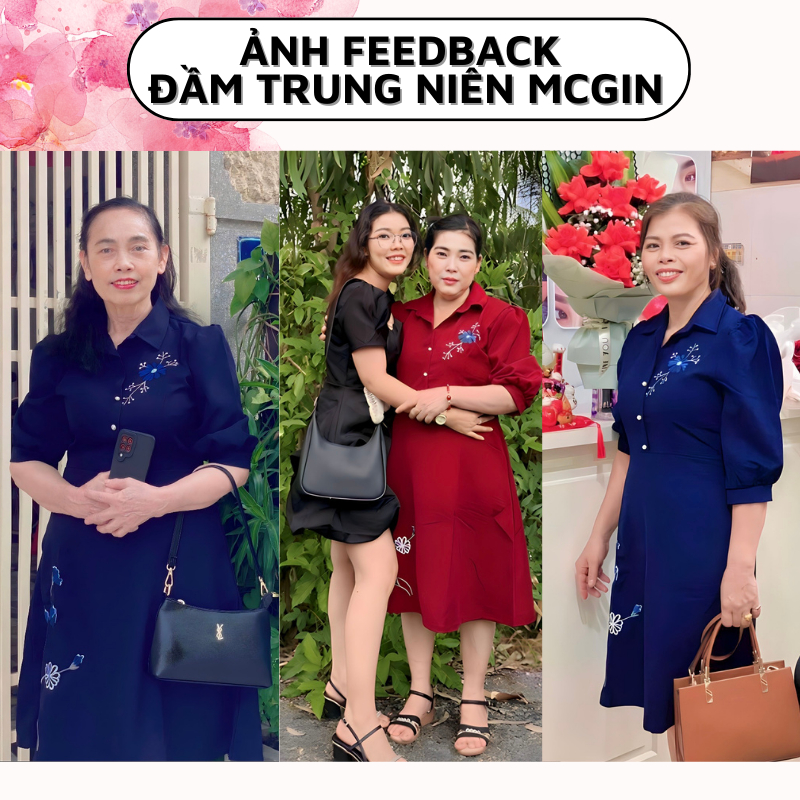 Đầm thiết kế trung niên tặng mẹ Bigsize MCGIN, đầm cổ sơ mi thêu hoa xanh, họa tiết thêu hoa tỉ mỉ tinh tế cho mẹ | CG09