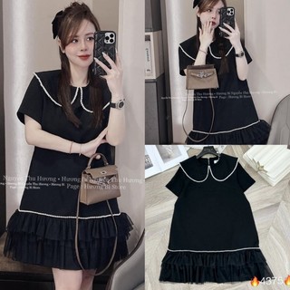 Váy Đầm Nữ Tuyết Mưa Dáng Suông Phối Chân Tơ Cổ Bèo Viền Ngọc Size S M - Halinh Shop - Váy Suông Chữ A Phối Ngọc

