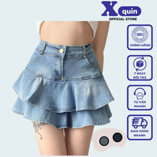 Chân váy Jean 2 tầng dáng xoè cạp cao tôn dáng Xquin, Chân váy nữ phối viền nhiều lớp bồng bềnh