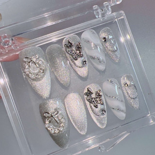 Nailbox - móng tay giả phom tròn nhọn sơn gel hàng thiết kế mắt mèo gắn charm siêu sáng by chichi nailbox xu hướng m 458