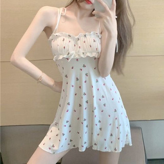 Váy ngủ hoa nhí có đệm đầm hè chất thun hai dây ruy băng voan mềm thắt nơ vai cao cấp - Sinni32