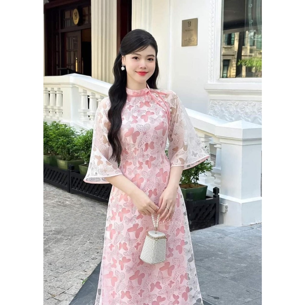 BigSize Áo Dài Tơ 4 Tà Họa Tiết Bướm