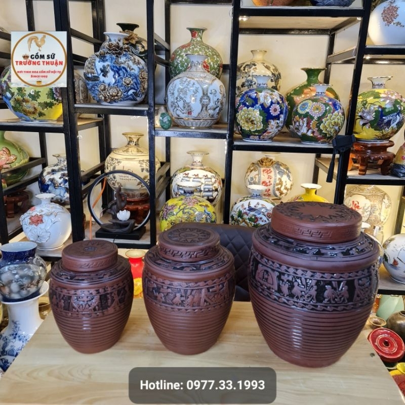 Chum sành ngâm rượu Bát Tràng 10L ,15L,20L,50L hàng Cao Cấp Đắp Nổi Họa tiết Trống Đồng *BAO BỂ VỠ*