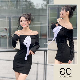 GC27-Đầm Body Trễ Vai Dài Tay Gắn Nơ GISCHY Dáng Ngắn Chất Thun Borip Thoáng Mát Ôm Sát Body Cực Tôn Dáng