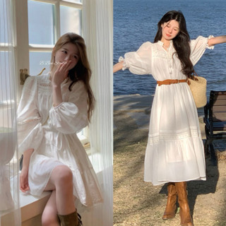 Váy trắng nữ dài tay dáng xoè phối ren, Đầm công chúa thiết kế, Váy liền thân Order Quảng Châu