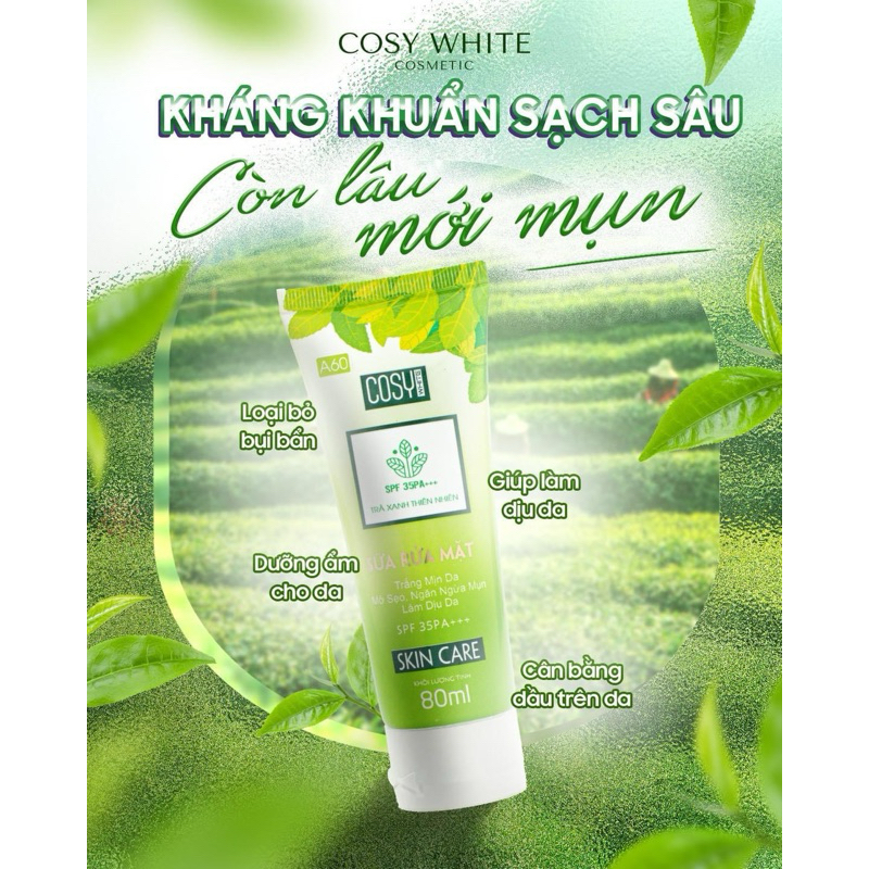 Sữa Rửa Mặt Trắng Mịn Da Mờ Sẹo Ngăn Ngừa Mụn Làm Dịu Da Cosy White Trà Xanh