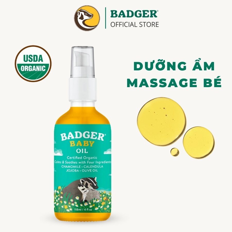 Dầu massage dưỡng ẩm hữu cơ cho em bé Badger Baby Oil Organic giúp da mềm mượt an toàn cho trẻ từ 6 tháng - 118ml