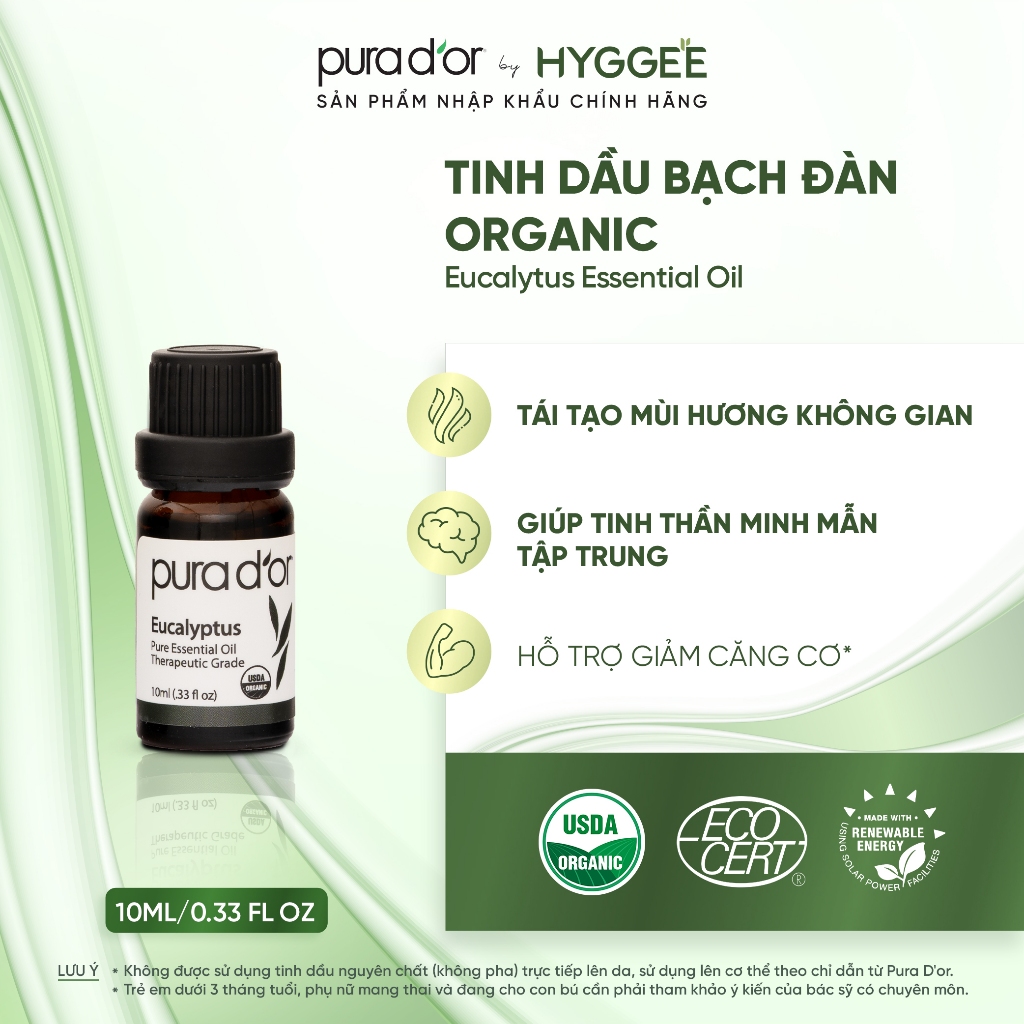 Set 6 tinh dầu PURA D'OR 10ml 6B organic, cam ngọt, bạch đàn, tuyết tùng, chanh, nghệ, húng quế