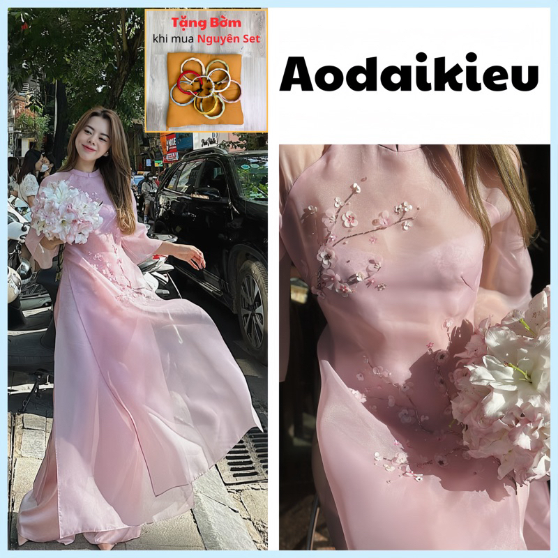 Áo dài cách tân nữ, 4 tà kết Hoa Anh Đào may sẵn vải von tơ,hợp đi tết, đám cưới, chụp ngoại đẹp ADK0027