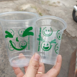 50 Ly nhựa 360ml MẪU HAPPY, ly nhựa cà phê sinh tố nước ép MẪU MẶT CƯỜI in xanh