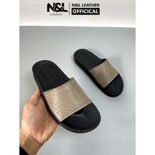 Dép nam da bò quai ngang xám xi măng đơn giản, đế cao su N&L Leather