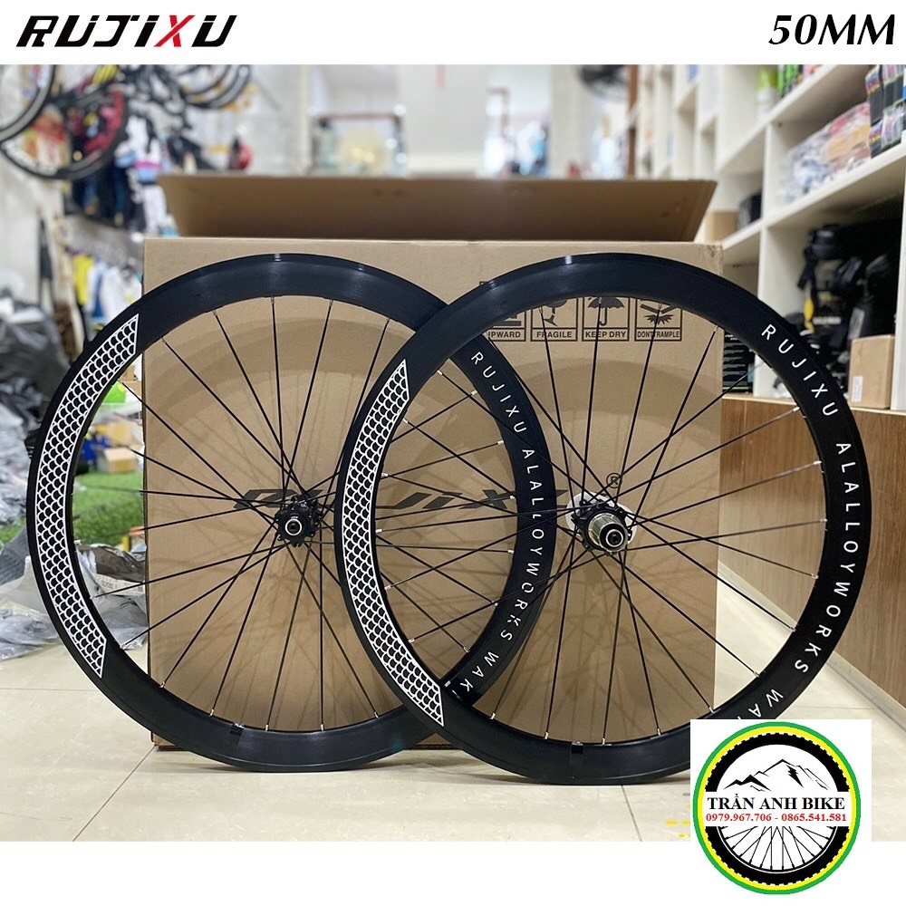 Bộ vành nhôm xe đạp road RUJIXU 700Cx40/50mm (Hub Carbon) - CỐI NỔ TO
