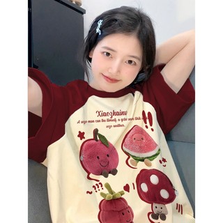 Áo thun raglan in ấn cổ tròn Khâu hoa mai đỏ tía mùa hè áo phông form rộng hàn quốc 100%cotton tay ngắn local brand